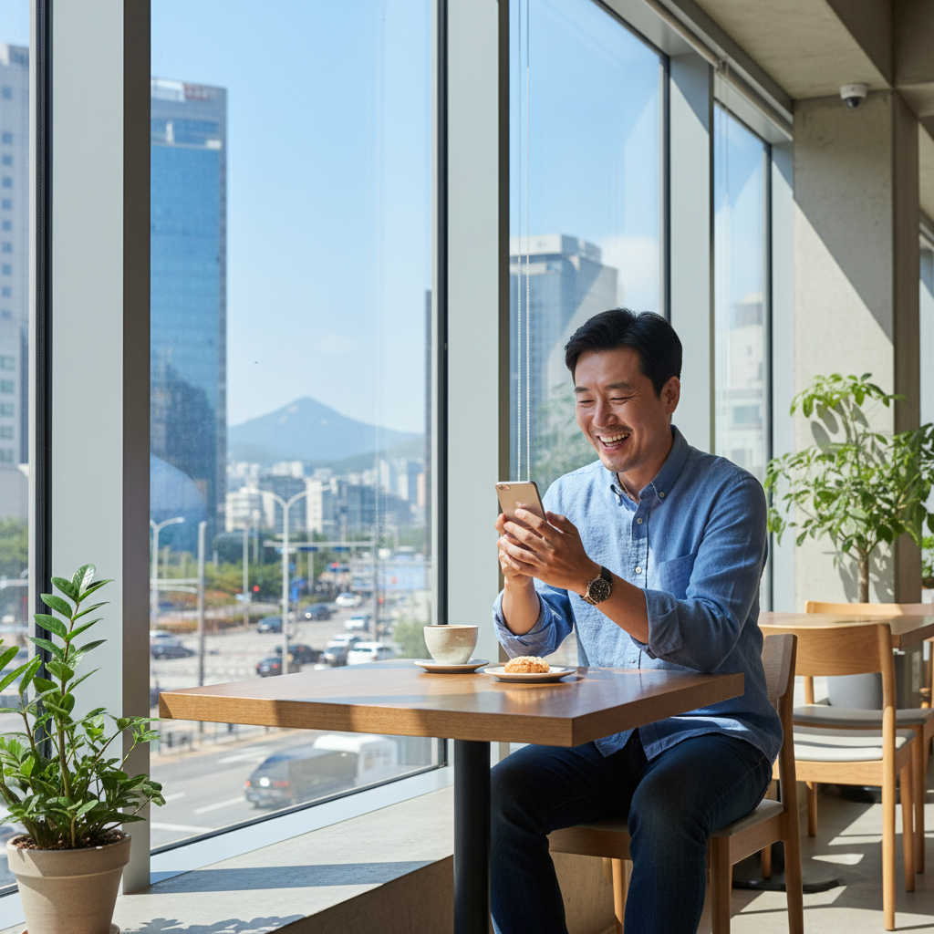스마트폰으로 명절 메시지를 확인하며 미소 짓는 남성