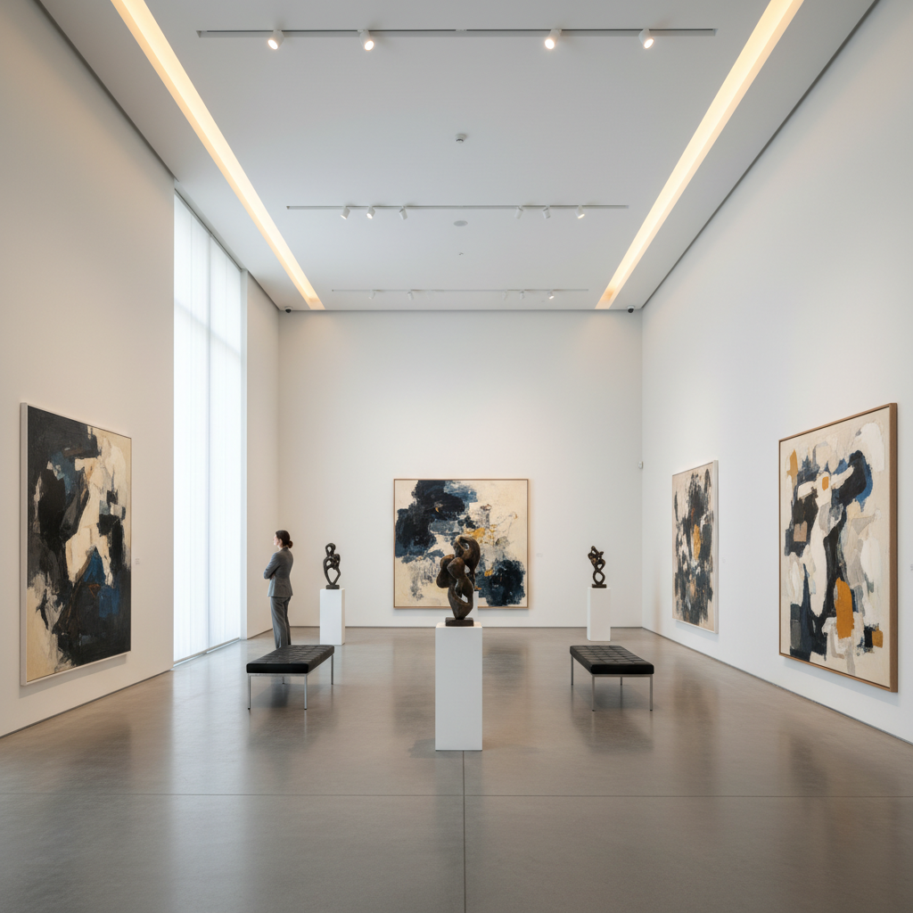 A modern and sophisticated interior of a high-end art gallery with soft lighting, minimalist architecture, and elegant artworks on display. The atmosphere is calm and professional. No text. 4:3