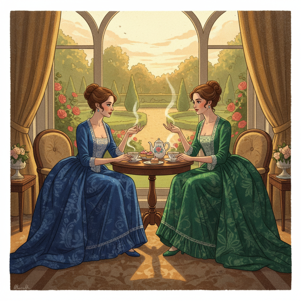 따뜻한 햇살 아래 대화를 나누는 두 여성의 뒷모습