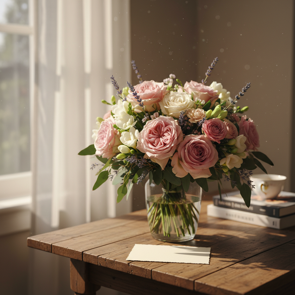 졸업식을 축하하는 화사한 꽃다발과 리본