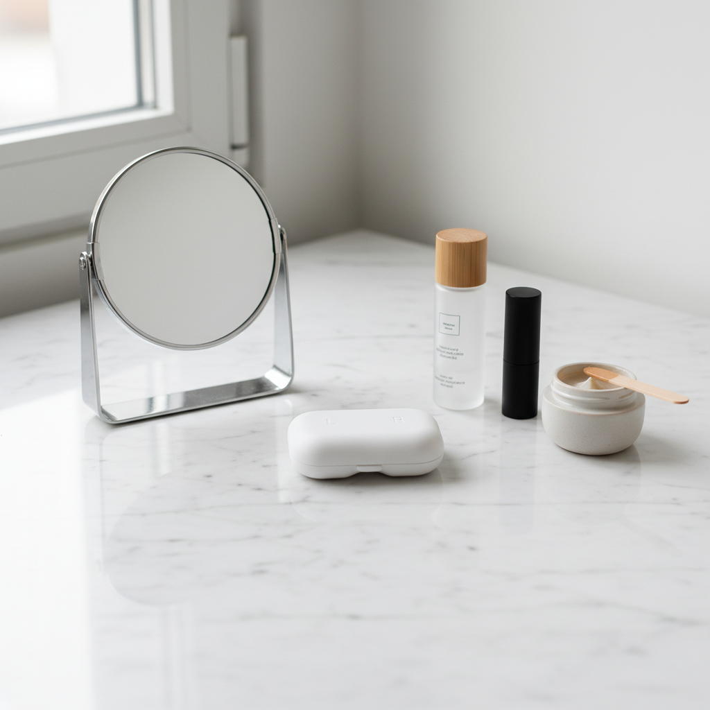 깔끔한 테이블 위에 놓인 렌즈 케이스와 소품들