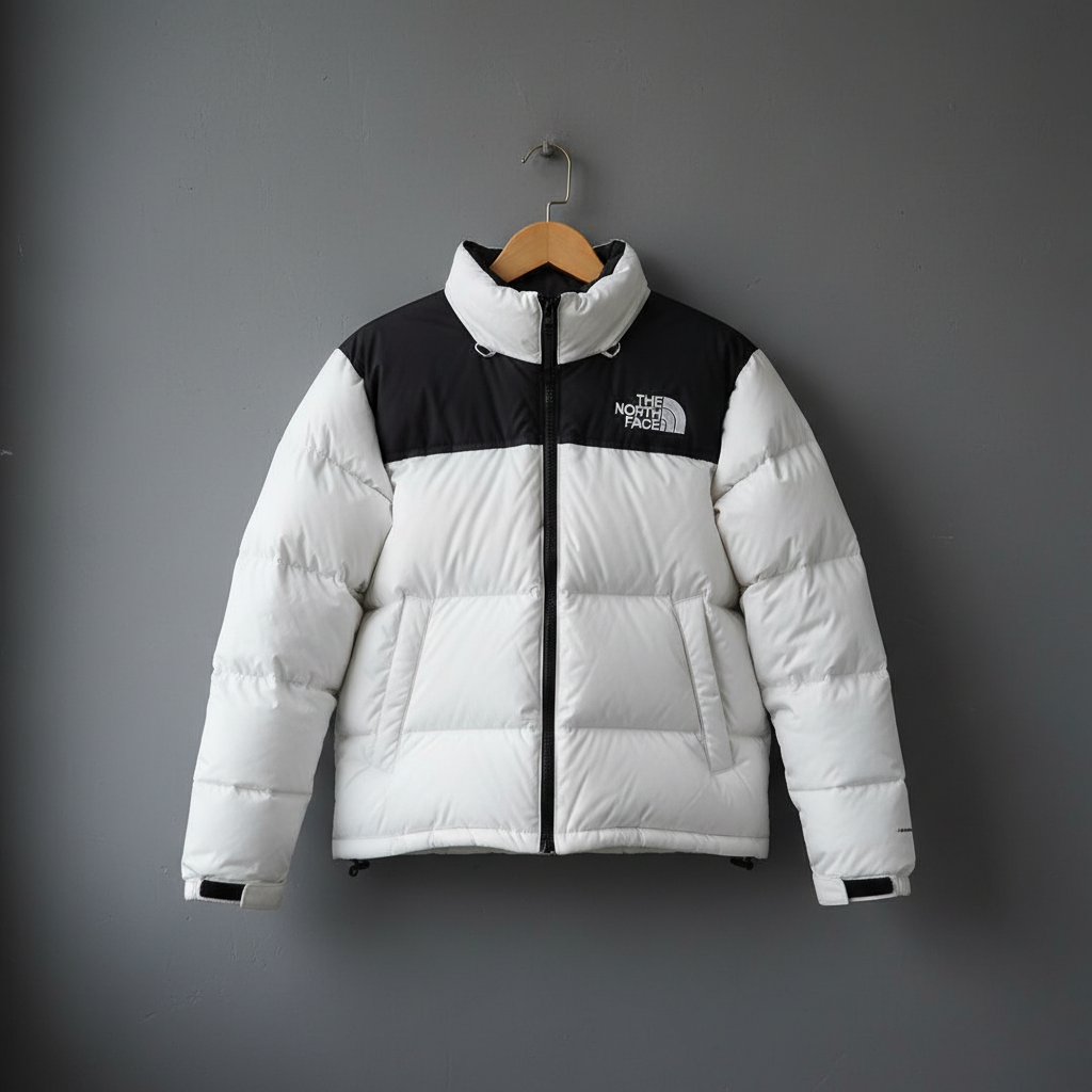 A clean white North Face Nuptse puffer jacket hanging on a wooden hanger against a minimalist gray wall, soft natural lighting, high quality lifestyle photography, 4:3