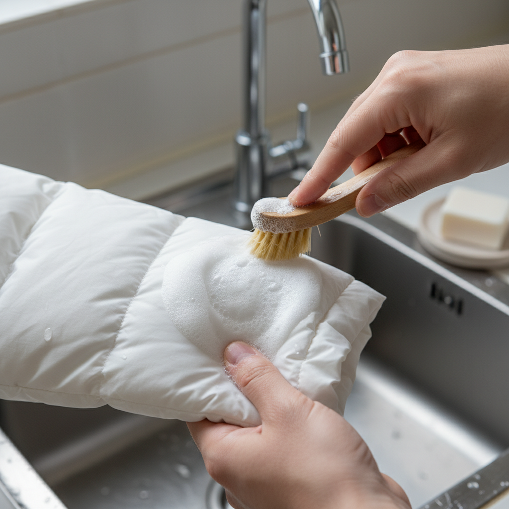 패딩의 소매 끝부분 오염을 부분 세척하는 과정