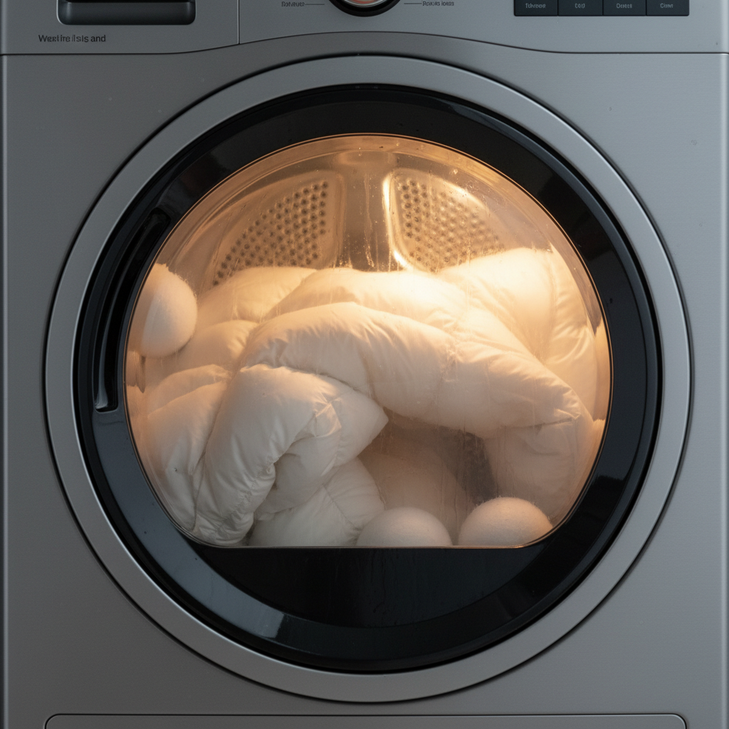 건조기 내부에서 회전하며 부풀어 오르는 패딩