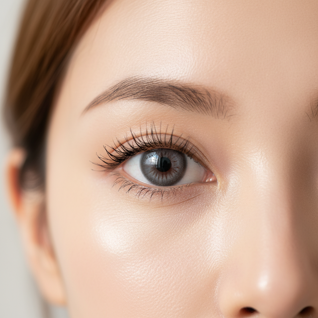 Close up of a beautiful Korean woman’s eye wearing charcoal grey contact lenses with subtle highlights, glowing and dewy look, natural eye makeup, soft daylight, 1:1