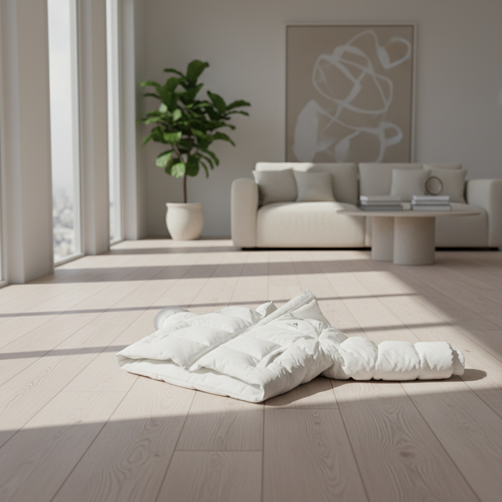 A fluffy clean winter down jacket laying on a light colored wooden floor in a sunlit modern living room, high quality lifestyle photography, 4:3