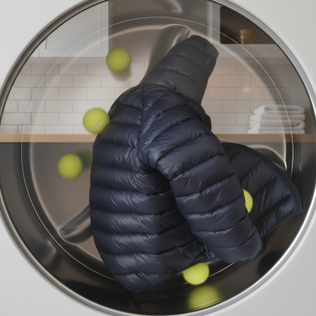건조기 안에서 테니스공과 함께 돌아가는 패딩