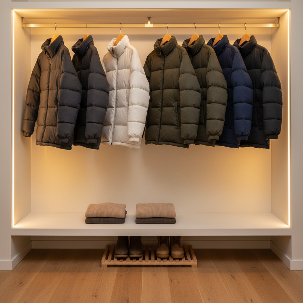 옷장에 여유 있게 걸려 있는 깨끗한 패딩들