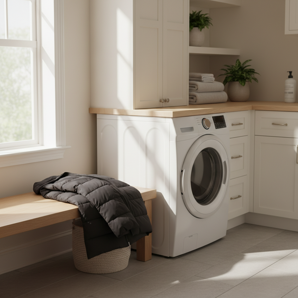 A high-quality lifestyle photograph of a long black puffer jacket placed neatly next to a modern front-load washing machine in a bright laundry room. The lighting is warm and natural. No text or logos. 4:3