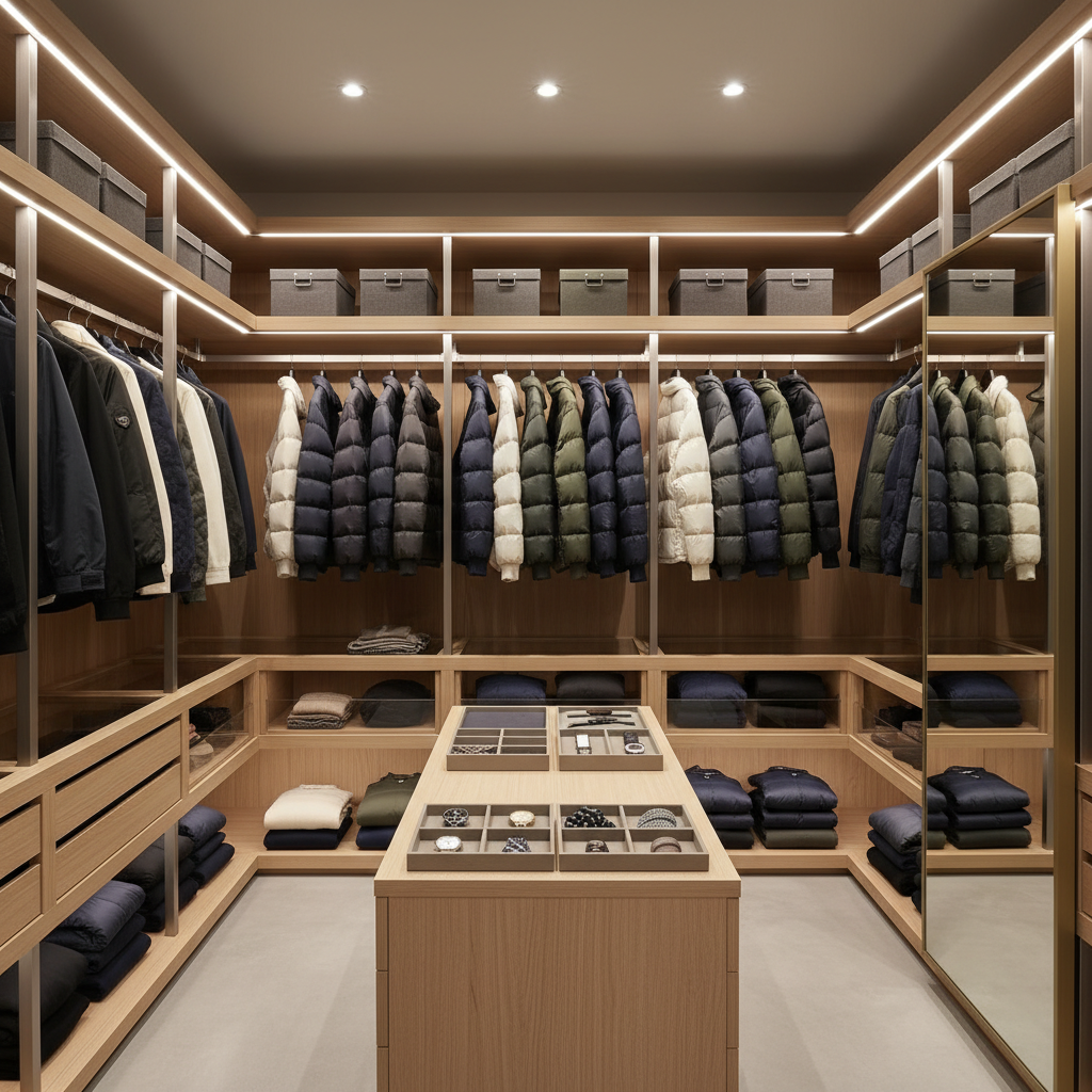 옷장에 깔끔하게 정리된 겨울 외투들