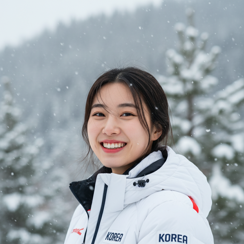 금메달을 목에 걸고 환하게 웃는 한국인 여성 선수