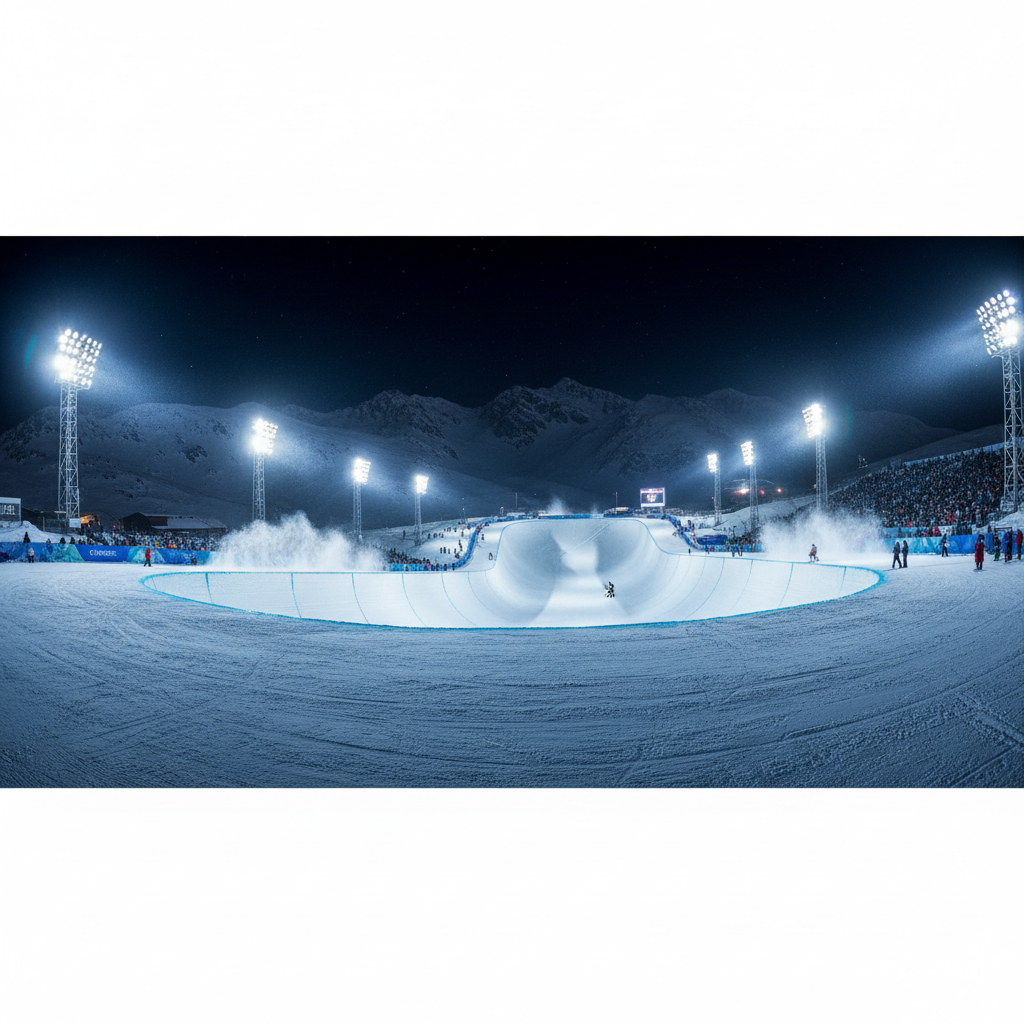 조명 아래 화려하게 펼쳐진 동계 올림픽 하프파이프 전경