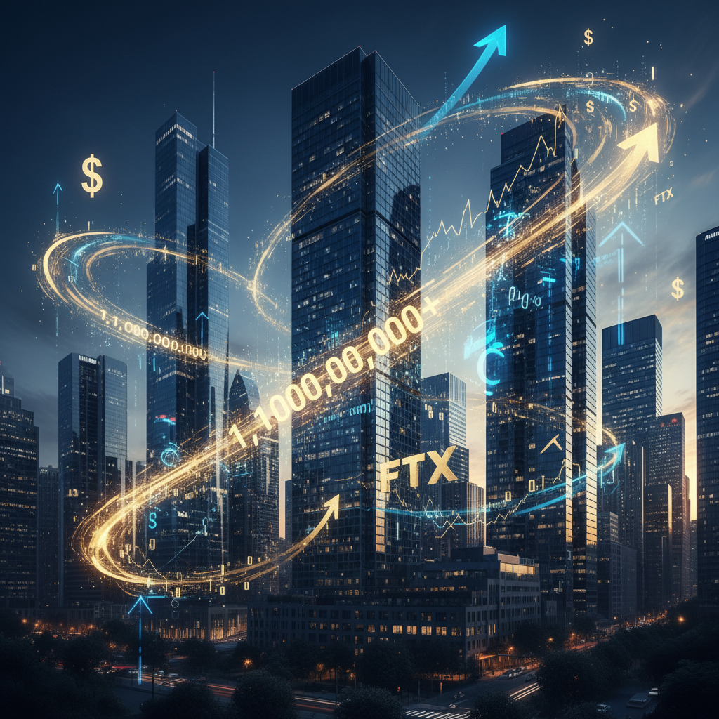 현대적인 고층 빌딩과 디지털 숫자가 조화된 역동적인 배경