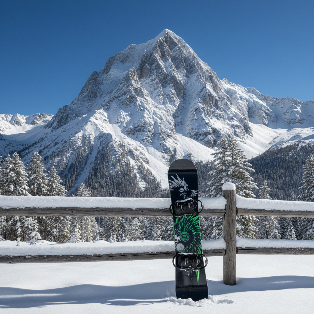 눈 덮인 산맥과 스노보드가 세워진 겨울 풍경