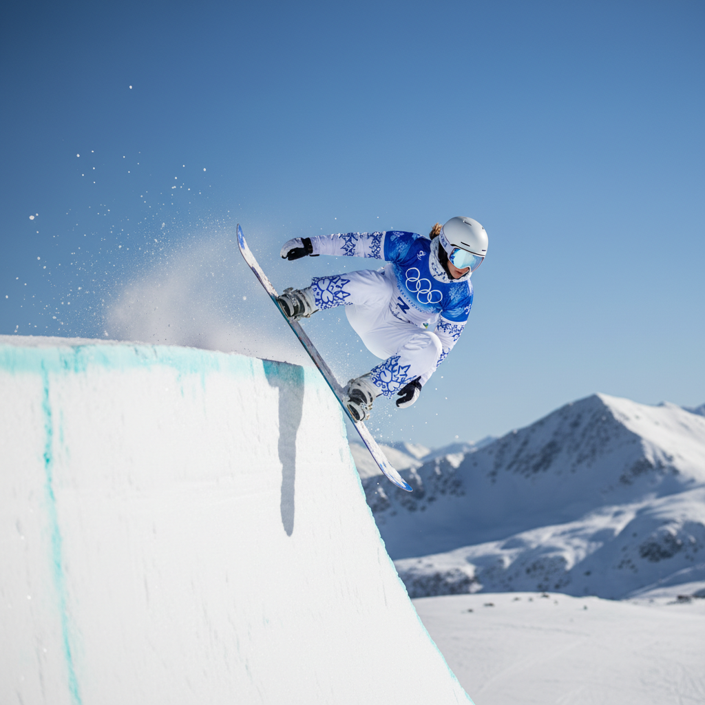 A professional female snowboarder performing a high jump in a halfpipe, wearing a white and blue Olympic team uniform and goggles, snowy mountain background, dynamic action shot, clear blue sky, photorealistic, 1:1