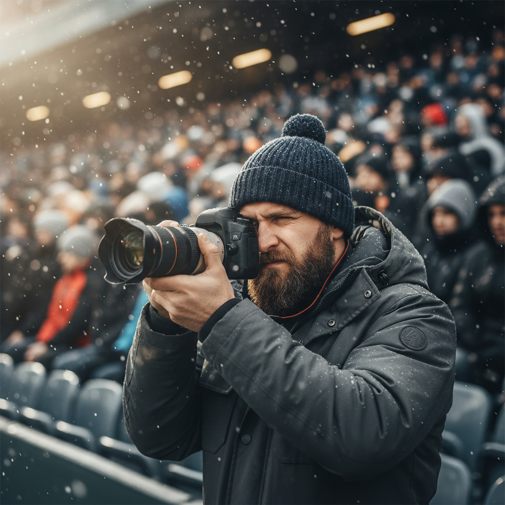 경기장에서 카메라를 들고 응원하는 운동선수