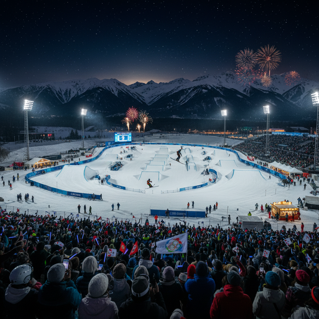 눈 덮인 산속 올림픽 경기장의 야경