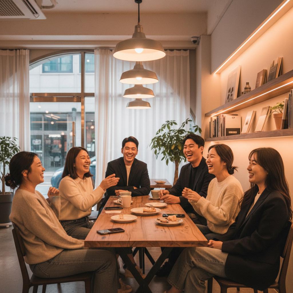 카페에서 친구들이 웃으며 대화하는 장면