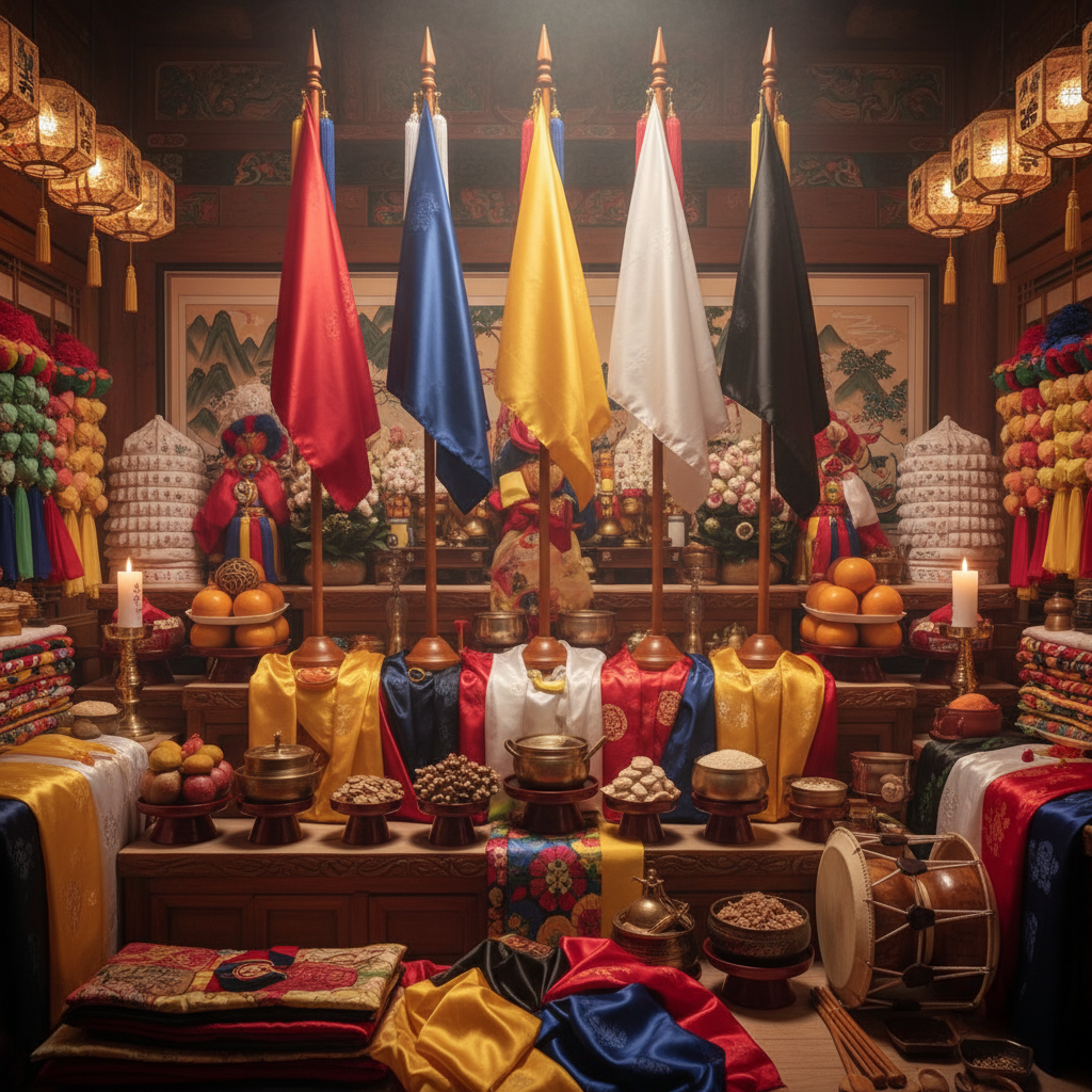 신당에 나란히 놓인 화려한 오방기