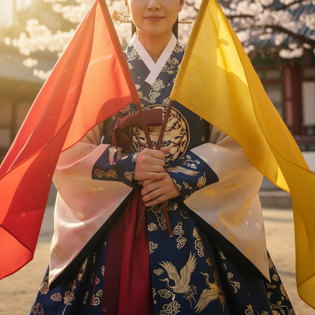 붉은색과 노란색 깃발을 쥔 무속인의 손