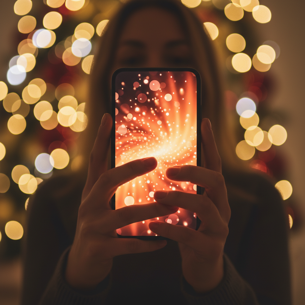 스마트폰으로 명절 메시지를 보내는 따뜻한 분위기의 손