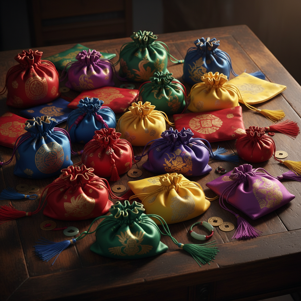 나무 탁자 위에 놓인 전통 복주머니와 명절 소품들