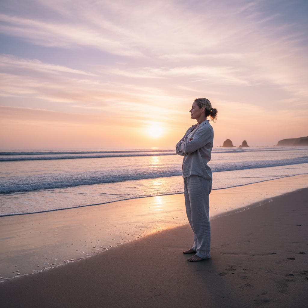새해의 목표를 다짐하는 조용한 해변의 뒷모습