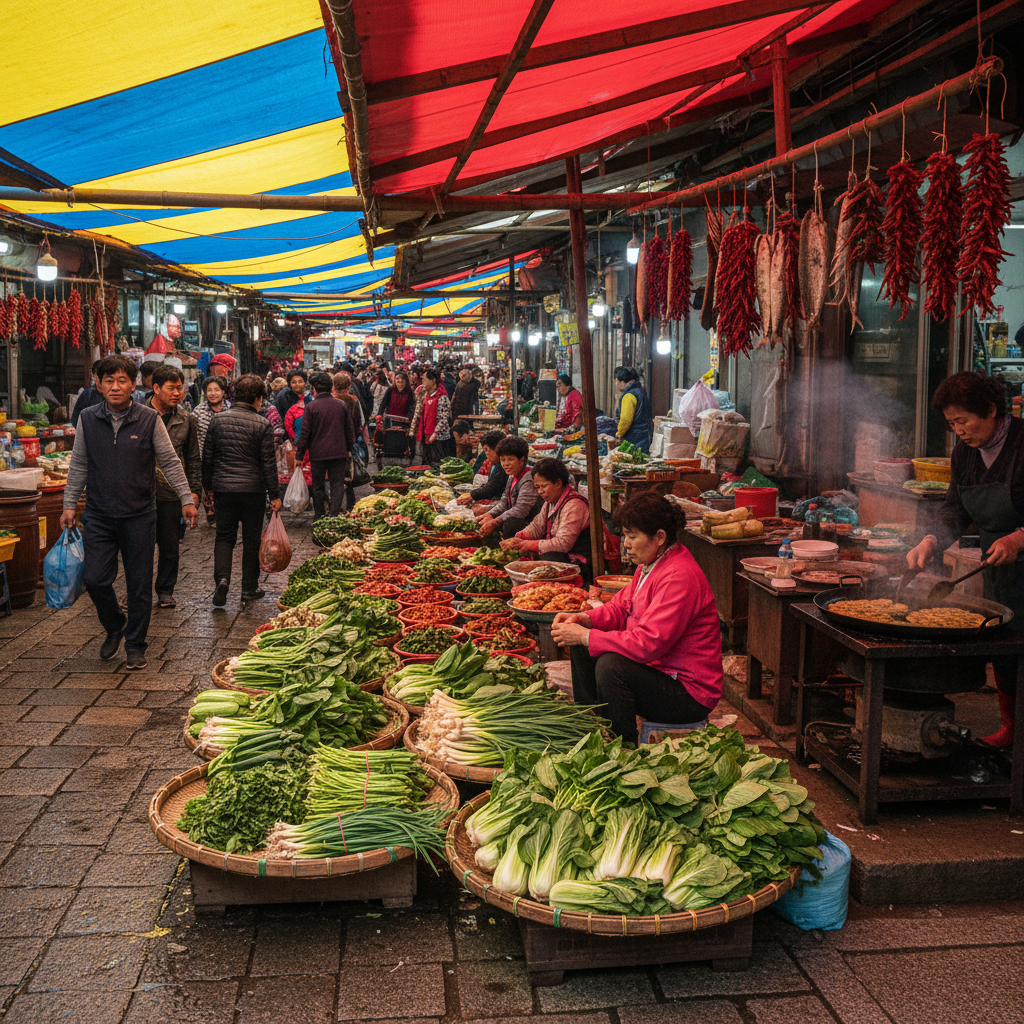 경동시장 나물 골목의 활기찬 풍경