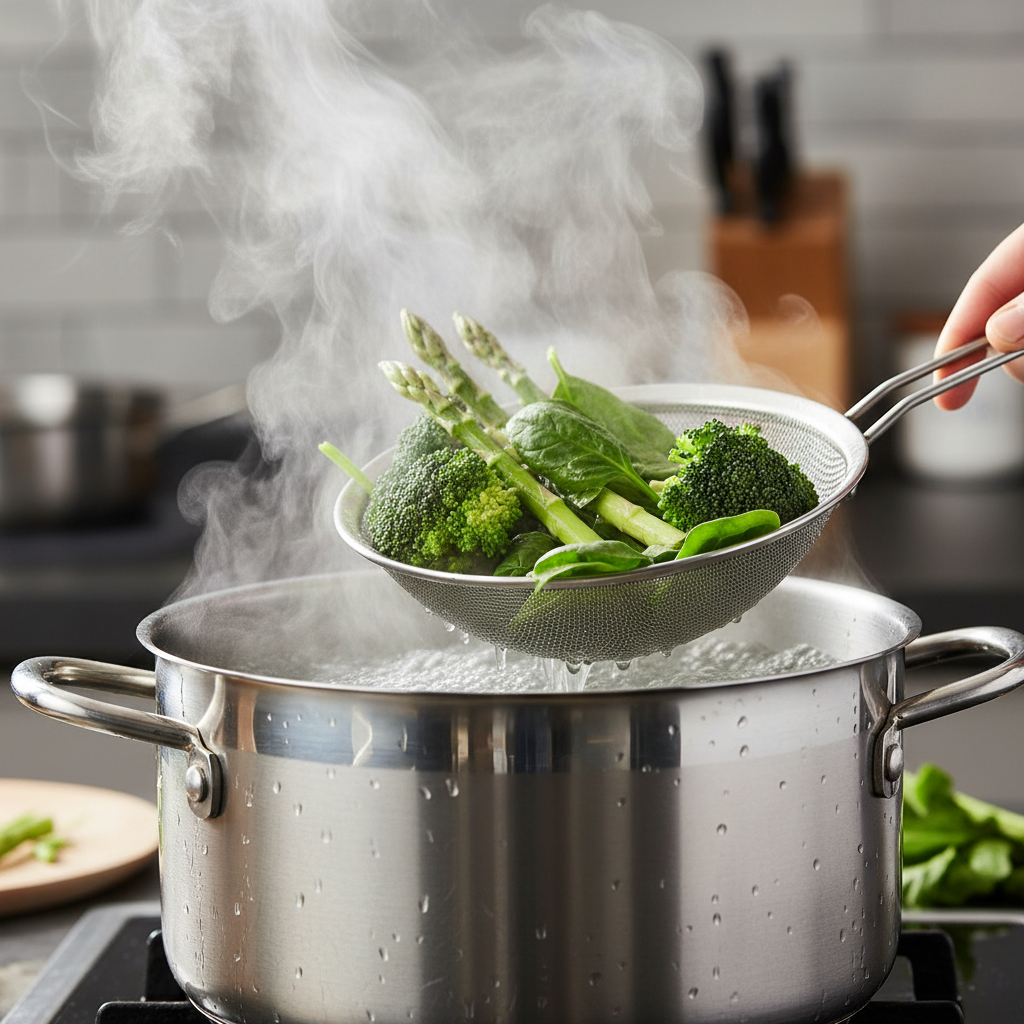 끓는 소금물에 원추리를 데치는 과정