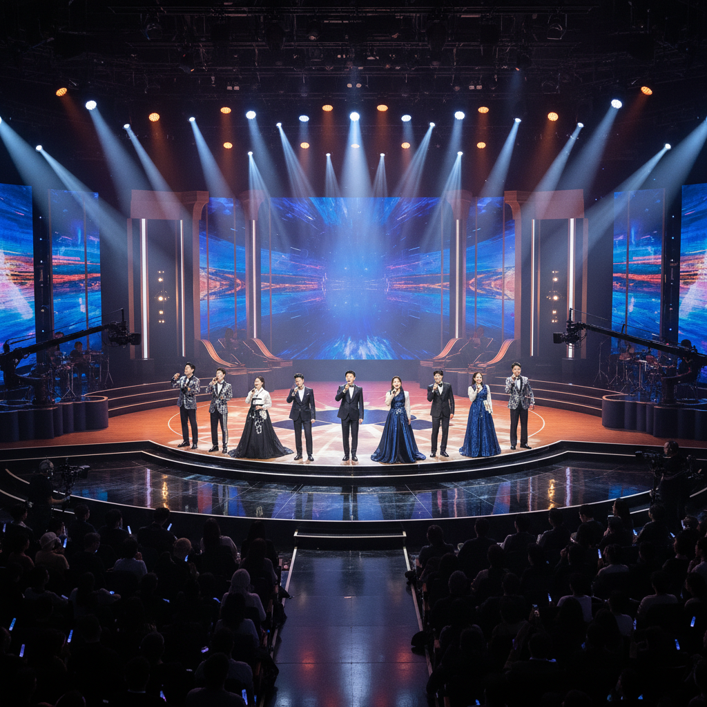 화려한 조명 아래 무대를 준비하는 가수들