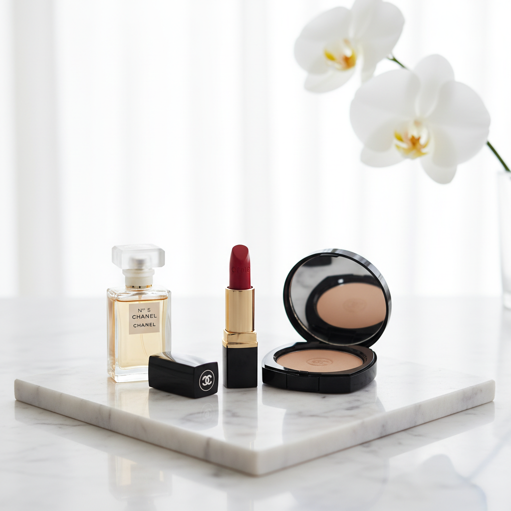 세련된 화장대 위에 놓인 립스틱과 메이크업 소품