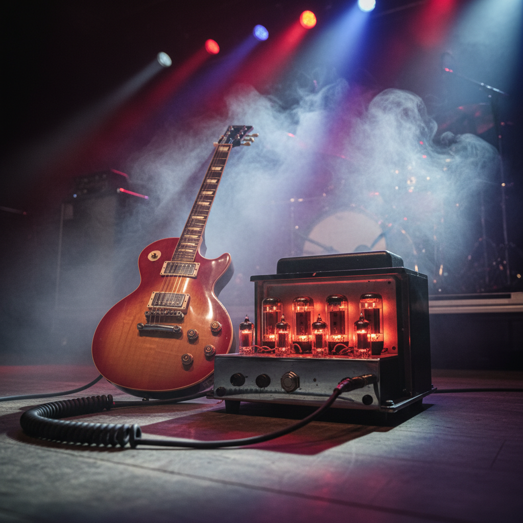 공연장에서 앰프와 연결되어 연주되는 전자기타