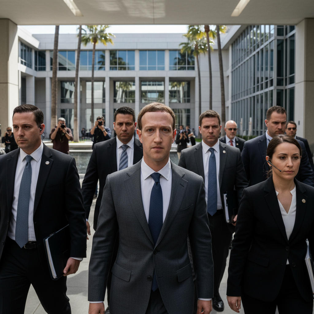 법정으로 향하는 마크 저커버그