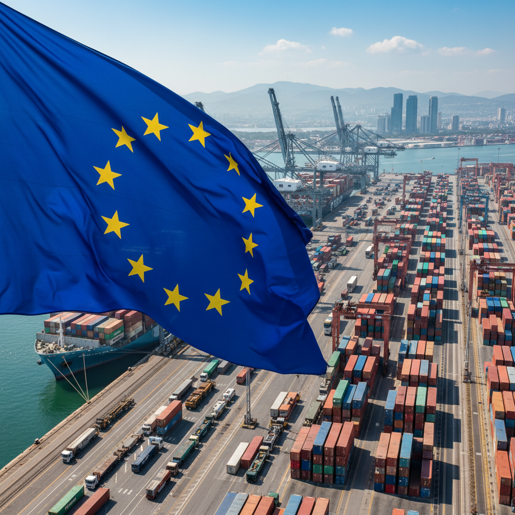 A wide angle view of a busy modern container port with the European Union flag waving in the foreground. High contrast, professional photography, bright daylight, 16:9 aspect ratio. 1:1