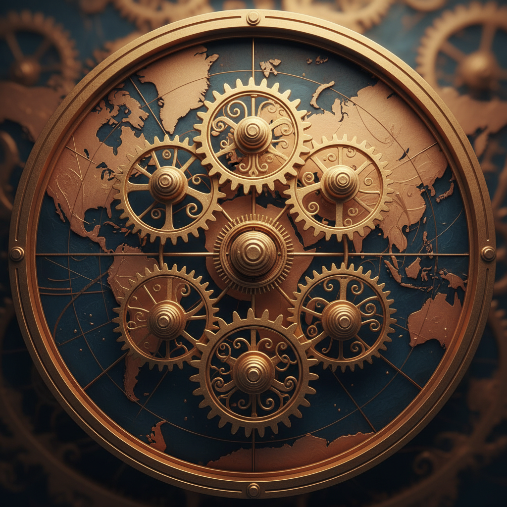 서로 맞물려 돌아가는 황금색 톱니바퀴와 세계 지도
