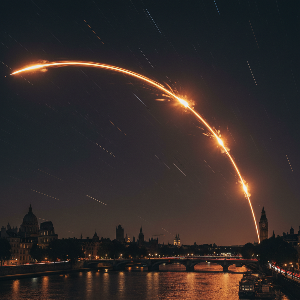 A dramatic long exposure photo of a rocket debris re-entering Earth atmosphere creating bright orange and yellow fireballs over a dark night sky with silhouettes of European architecture 4:3