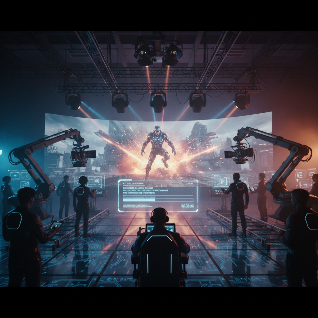 A cinematic film set where a massive screen displays a high-quality action movie scene being generated by AI from text prompts, futuristic studio atmosphere, professional lighting, photorealistic style, 4:3