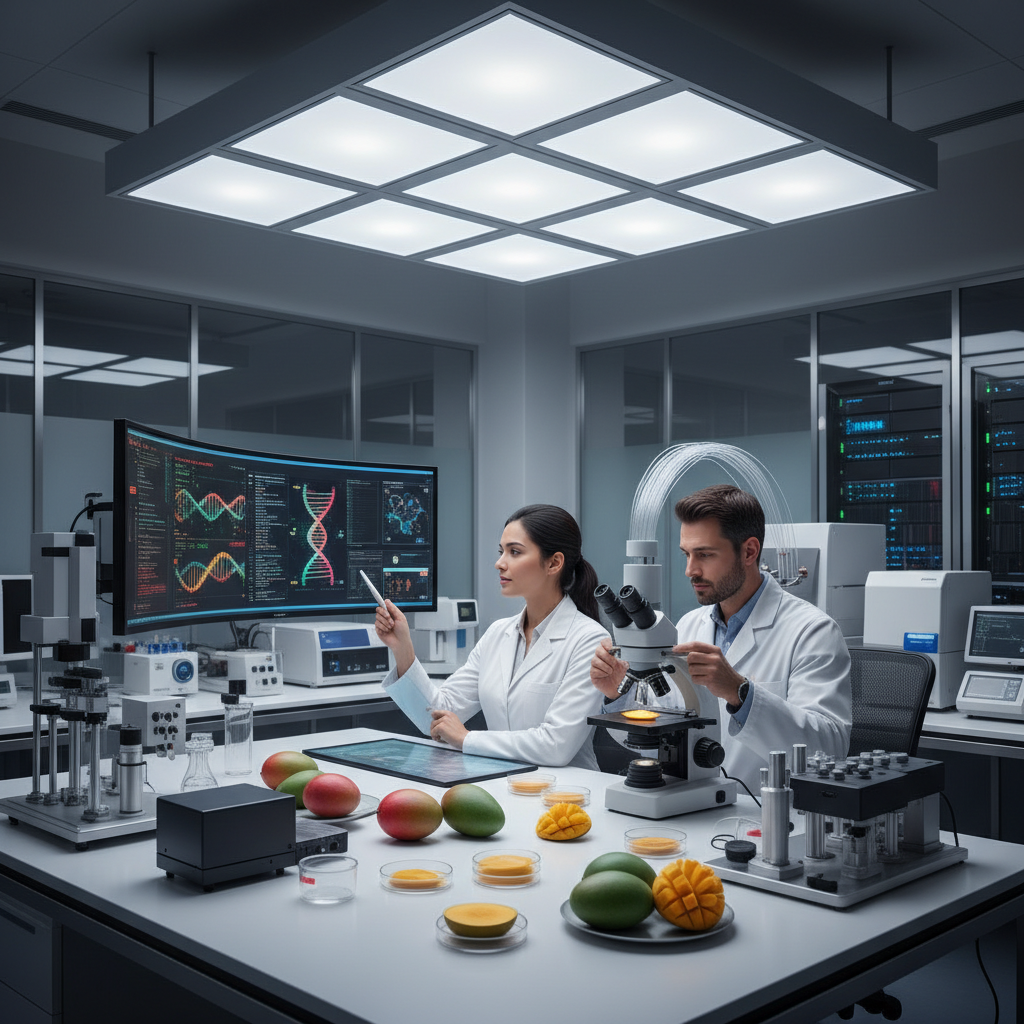 연구실에서 망고의 유전자를 분석하는 과학자들