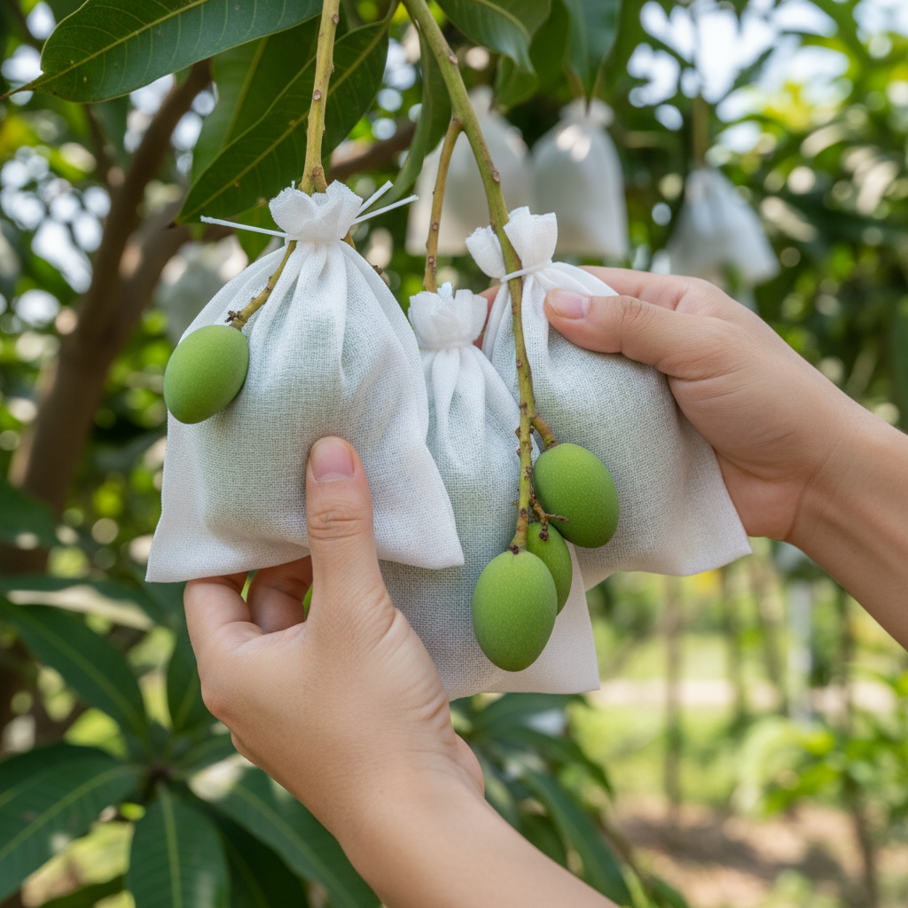 망고 나무에 보호 봉지를 씌우는 정밀한 작업