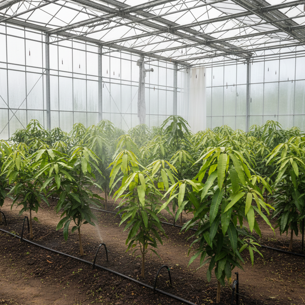 온실 내부에서 체계적으로 관리되는 망고 묘목들