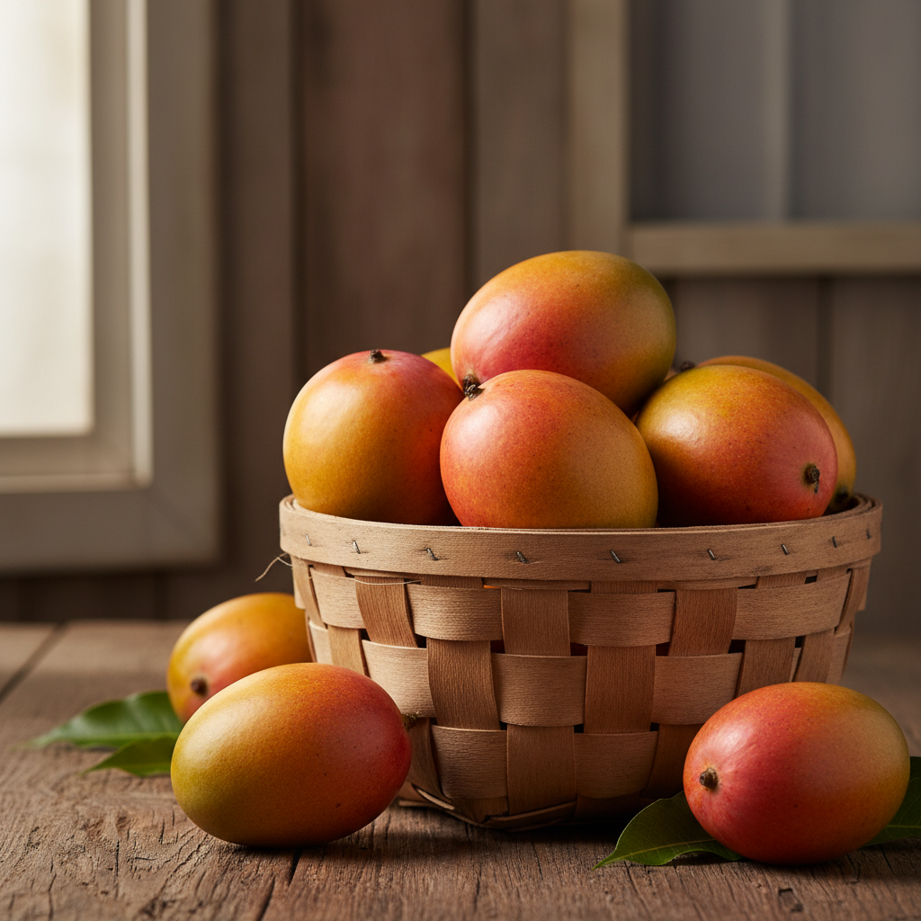 수확된 고품질의 황금빛 망고들이 담긴 바구니