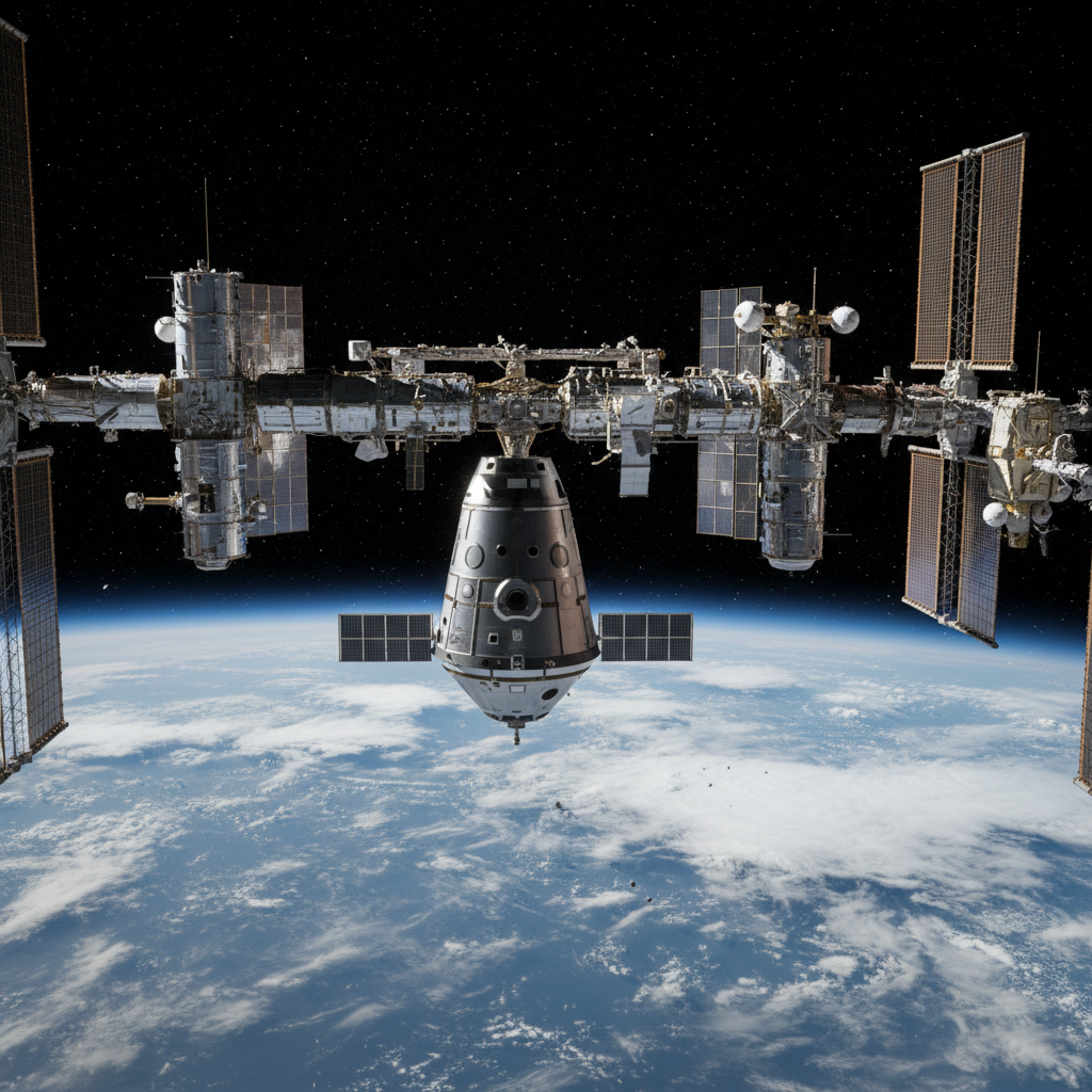A cinematic shot of the Boeing Starliner spacecraft docked with the International Space Station, Earth visible in the background with atmospheric glow, high detail, realistic space photography style, 4:3
