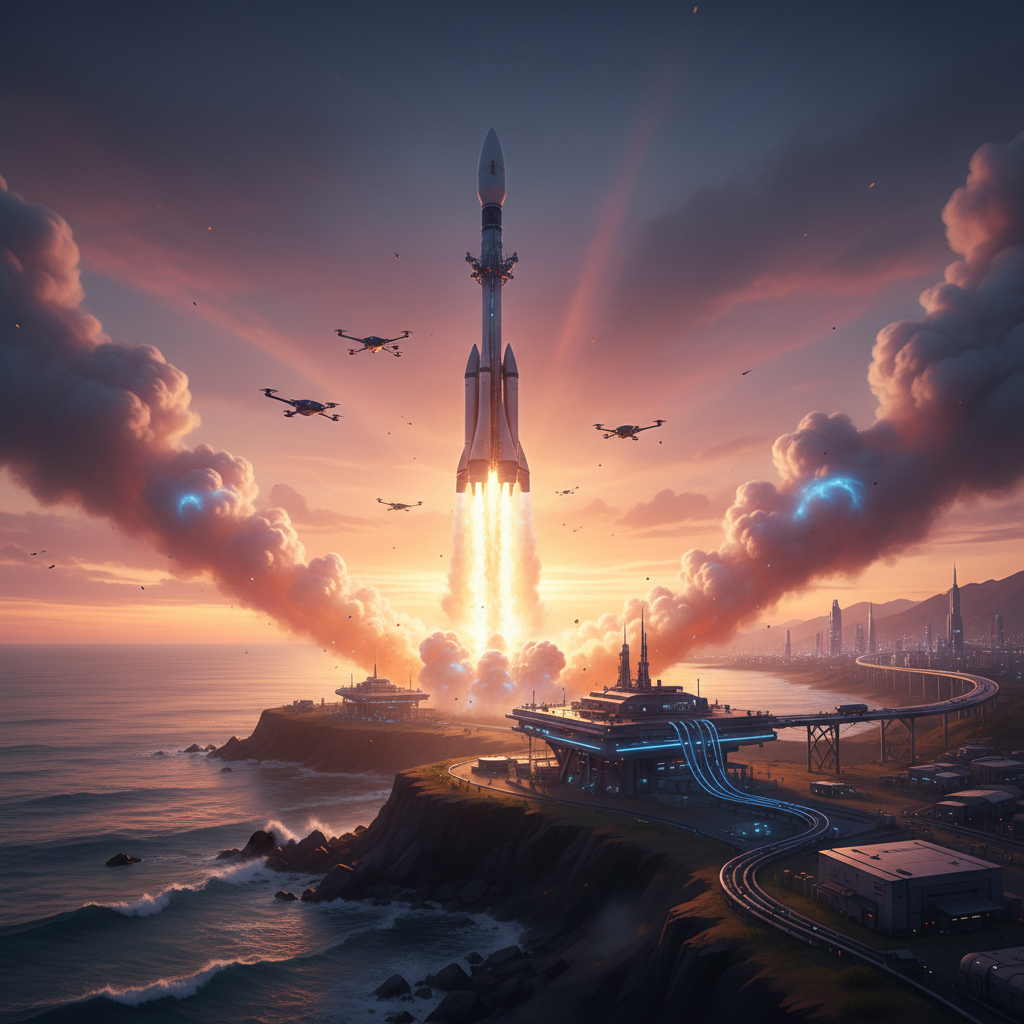 미래의 안전한 우주 탐사를 상징하는 우주선 발사 장면