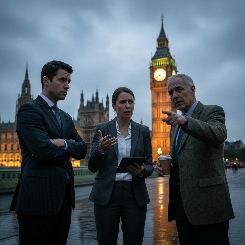 영국 의사당 앞에서 스마트폰 규제를 논의하는 정치인들의 모습
