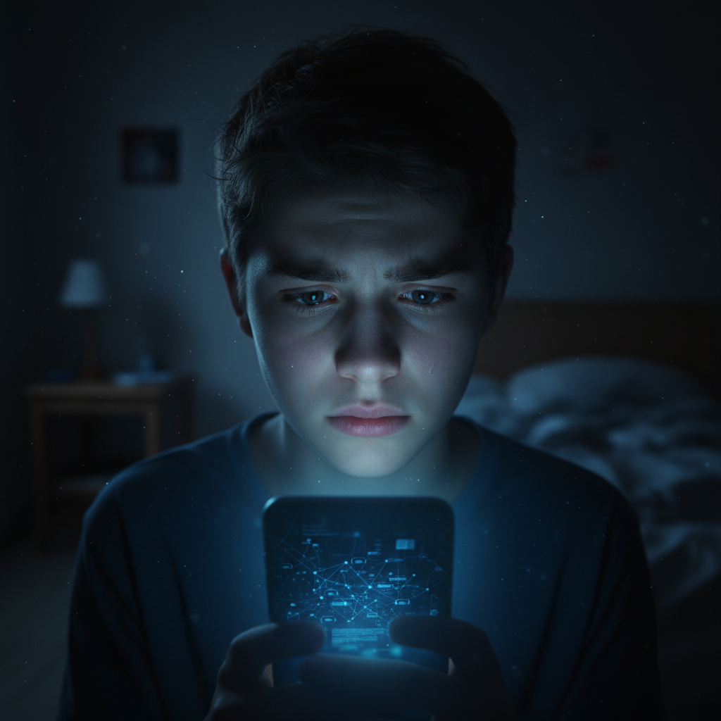 스마트폰 화면에 갇힌 채 고민에 빠진 청소년의 모습
