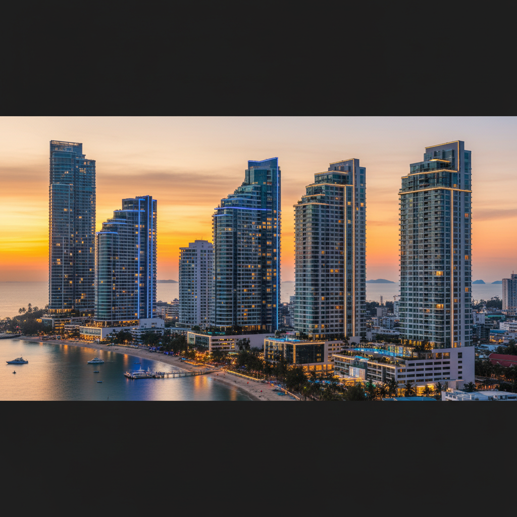 Panoramic view of modern high-rise luxury apartment buildings in Pattaya Thailand coastal city at sunset with professional lighting 4:3