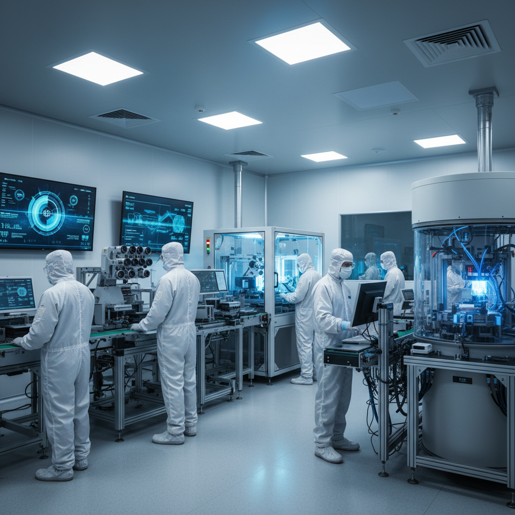 반도체 패키징 라인에서 작동 중인 정밀 검사 장비와 회로