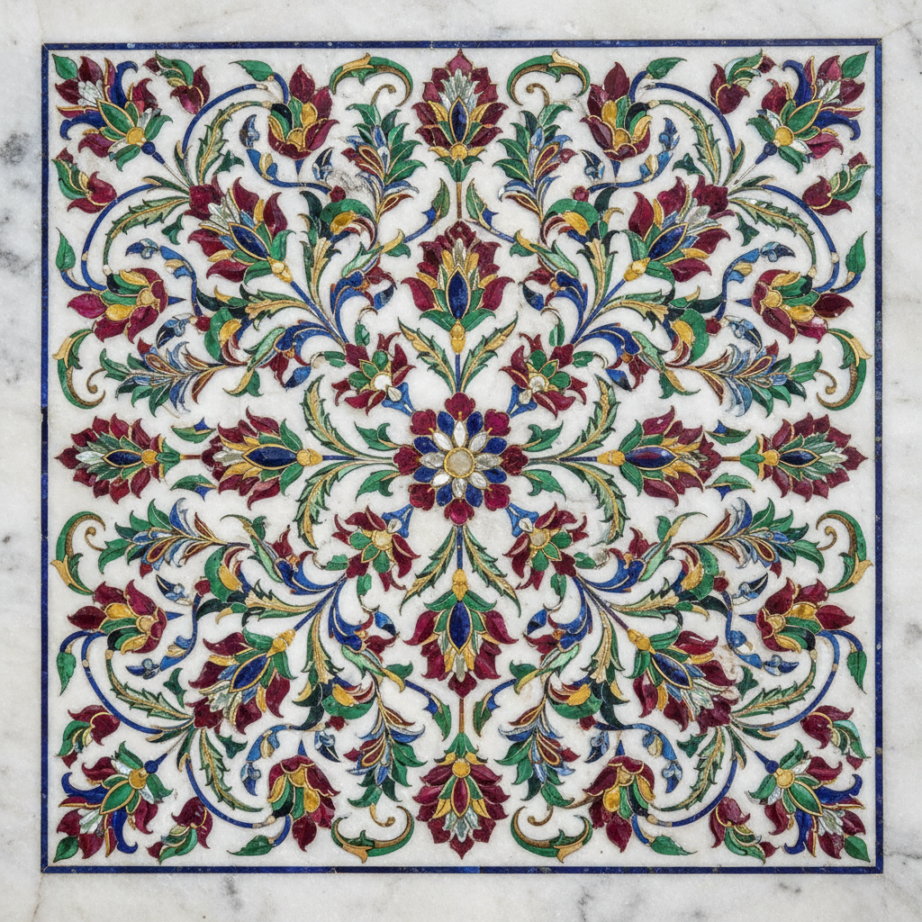 타지마할 대리석에 새겨진 정교한 꽃무늬 장식