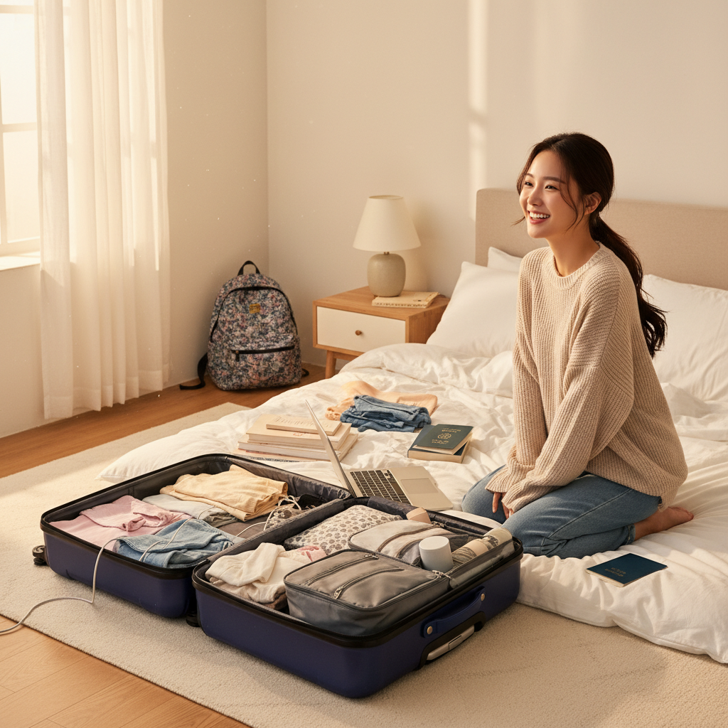 기숙사 입소를 위해 짐을 싸는 설레는 모습