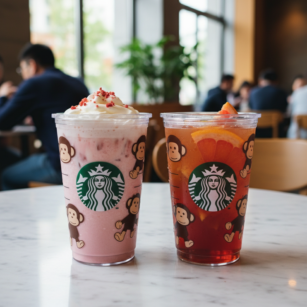 베이비마일로 컵에 담긴 딸기 라떼와 자몽 허니 블랙 티가 놓인 감성적인 테이블